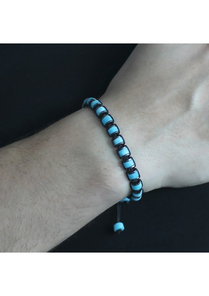 Silindir Kesim Makrome Örgülü Turkuaz Varisit-Hematit Kombinli Doğaltaş Erkek Bileklik fiyatları