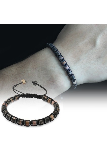 Silindir Kesim Makrome Örgülü Kuvars-Hematit Kombinli Doğaltaş Erkek Bileklik