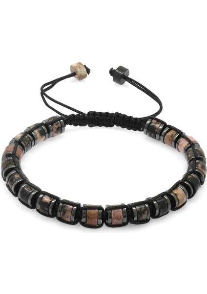 Silindir Kesim Makrome Örgülü Kuvars-Hematit Kombinli Doğaltaş Erkek Bileklik modelleri