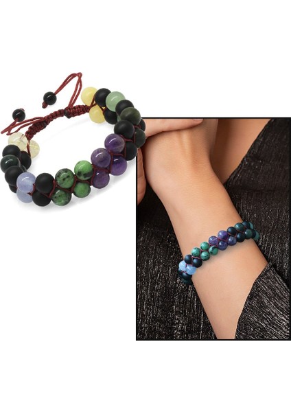 Çift Sıra Makrome Örgülü Küre Kesim Çoklu Doğaltaş Kombinli Kadın Şifa Bilekliği fiyatları