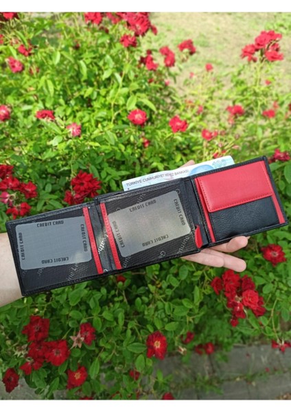 Deri Çift Renkli Spor Model Erkek Cüzdanı Siyah Kırmızı