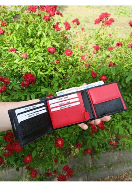 Deri Çift Renkli Spor Model Erkek Cüzdanı Siyah Kırmızı