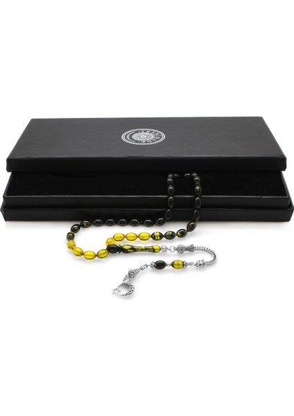 Ayyıldız Kararmaz Metal Püsküllü Arpa Kesim Süzme Sarı-Siyah Ateş Kehribar Tesbih