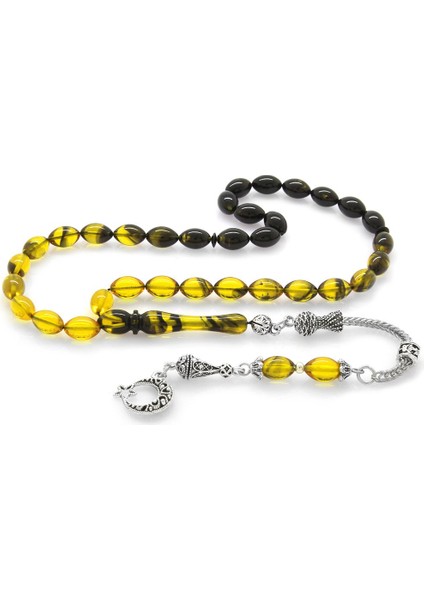 Ayyıldız Kararmaz Metal Püsküllü Arpa Kesim Süzme Sarı-Siyah Ateş Kehribar Tesbih modelleri