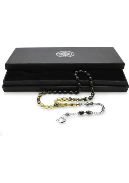 Ayyıldız Kararmaz Metal Püsküllü Arpa Kesim Süzme Beyaz-Siyah Ateş Kehribar Tesbih