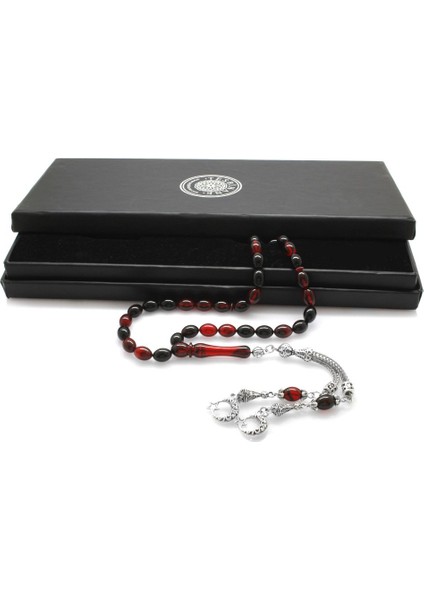 Kararmaz Metal Ayyıldız Püsküllü Arpa Kesim Kırmızı-Siyah Ateş Kehribar Tesbih