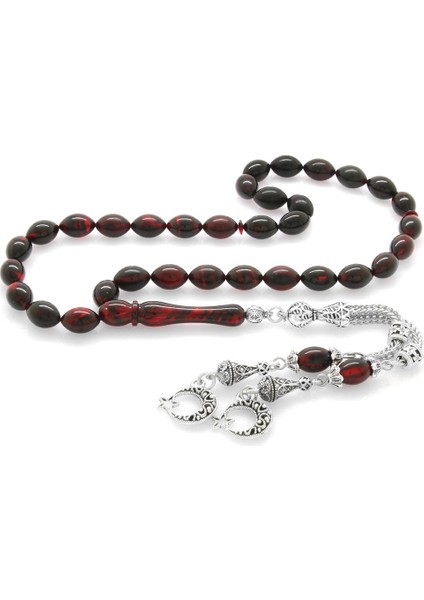 Kararmaz Metal Ayyıldız Püsküllü Arpa Kesim Kırmızı-Siyah Ateş Kehribar Tesbih modelleri