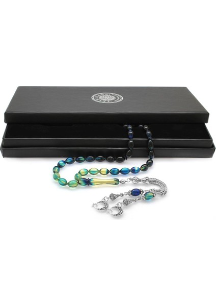 Kararmaz Metal Ayyıldız Püsküllü Arpa Kesim Süzme Mavi-Beyaz Ateş Kehribar Tesbih