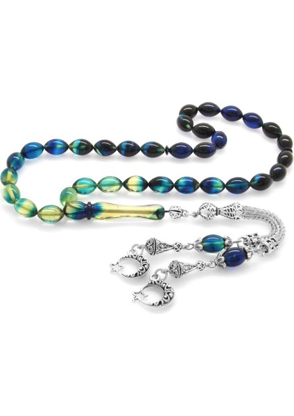 Kararmaz Metal Ayyıldız Püsküllü Arpa Kesim Süzme Mavi-Beyaz Ateş Kehribar Tesbih modelleri