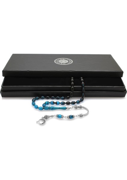 Ayyıldız Kararmaz Metal Püsküllü Arpa Kesim Süzme Turkuaz-Siyah Ateş Kehribar Tesbih