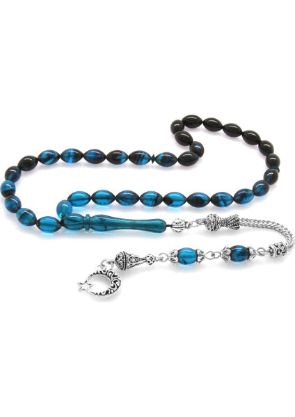 Ayyıldız Kararmaz Metal Püsküllü Arpa Kesim Süzme Turkuaz-Siyah Ateş Kehribar Tesbih modelleri