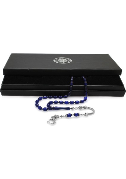 Ayyıldız Kararmaz Metal Püsküllü Arpa Kesim Lacivert Sıkma Kehribar Tesbih
