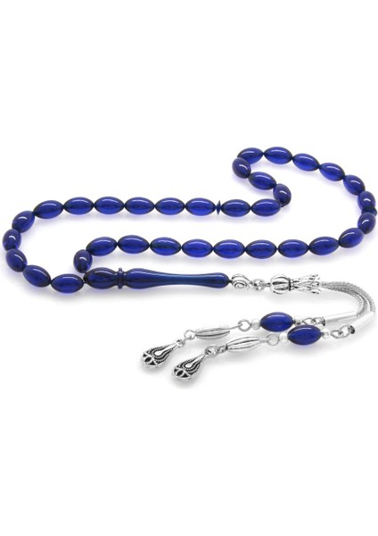 Kararmaz Metal Su Damlası Püsküllü Arpa Kesim Bilek Boy Lacivert Sıkma Kehribar Tesbih