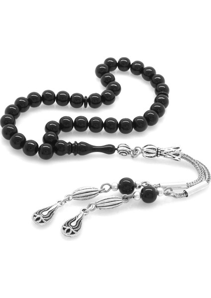 Kararmaz Metal Püsküllü Küre Kesim Bilek Boy Siyah Sıkma Kehribar Tesbih