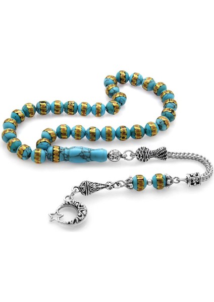 Kararmaz Metal Püsküllü Sarmal Oltu-Pirinç Işlemeli Firuze Doğaltaş Tesbih