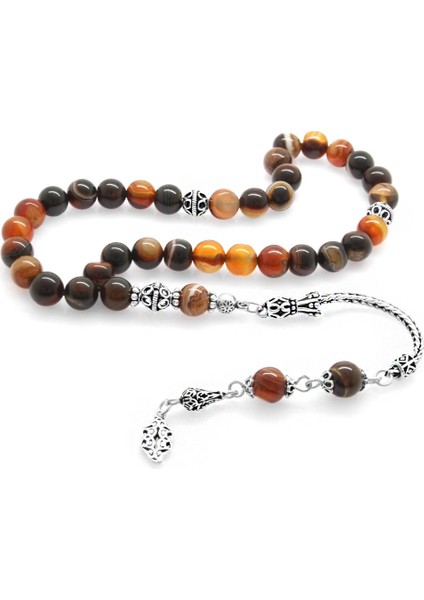 925 Ayar Gümüş Püsküllü Küre Kesim Kırmızı-Siyah Akik Doğaltaş Tesbih