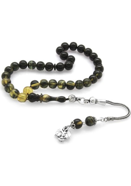 925 Ayar Gümüş Püsküllü Küre Kesim Bilek Boy Süzme Beyaz-Siyah Ateş Kehribar Tesbih