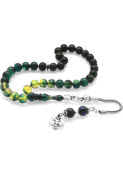 925 Ayar Gümüş Püsküllü Küre Kesim Bilek Boy Süzme Mavi-Beyaz Ateş Kehribar Tesbih