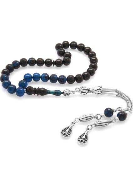 Kararmaz Metal Püsküllü Küre Kesim Bilek Boy Süzme Mavi-Siyah Sıkma Kehribar Tesbih
