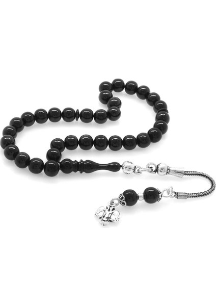 925 Ayar Gümüş Püsküllü Küre Kesim Bilek Boy Siyah Sıkma Kehribar Tesbih