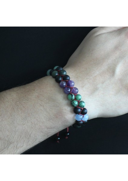 Çift Sıra Makrome Örgülü Küre Kesim Çoklu Doğaltaş Kombinli Erkek Şifa Bilekliği modelleri