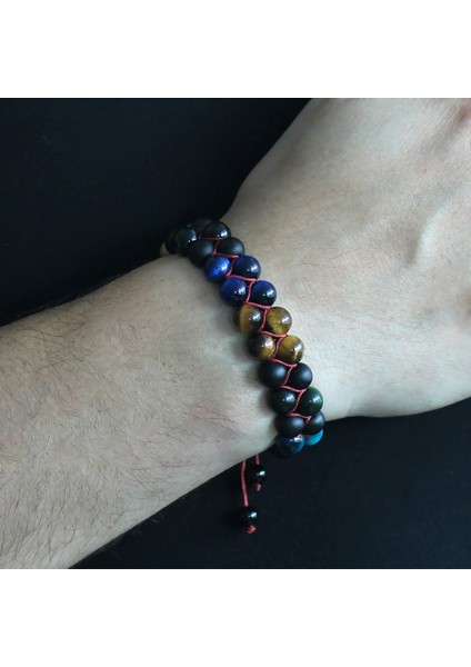 Çift Sıra Makrome Örgülü Küre Kesim Çoklu Kaplangözü Doğaltaş Kombinli Erkek Enerji Bilekliği modelleri