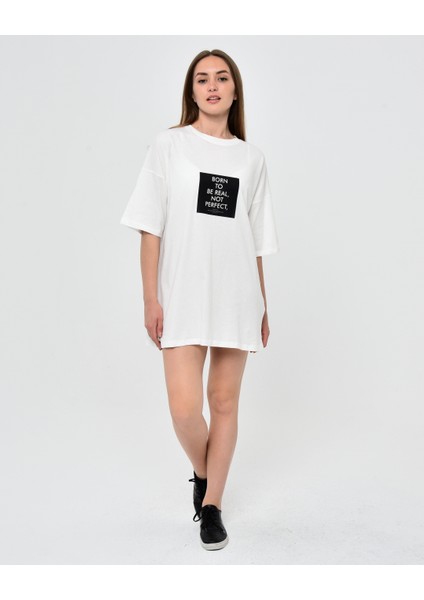 Kadın Oversize Baskılı Tişört - Beyaz Renk