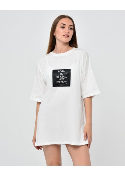 Kadın Oversize Baskılı Tişört - Beyaz Renk