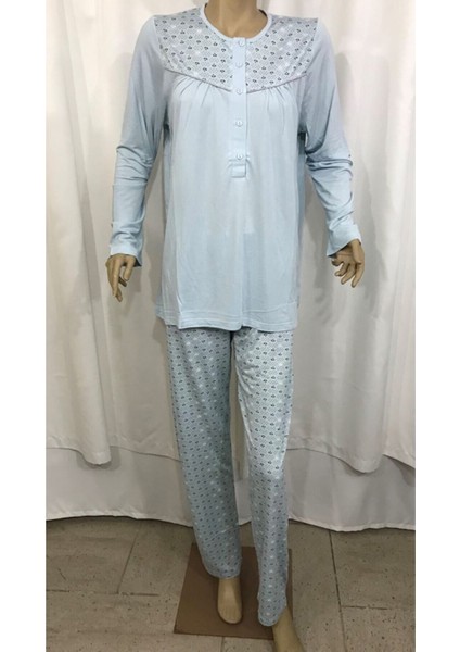 14202-NENA Bayan 4 Mevsim Ince Uzun Kol Patlı Robalı Pijama Takımı-Mavi modelleri