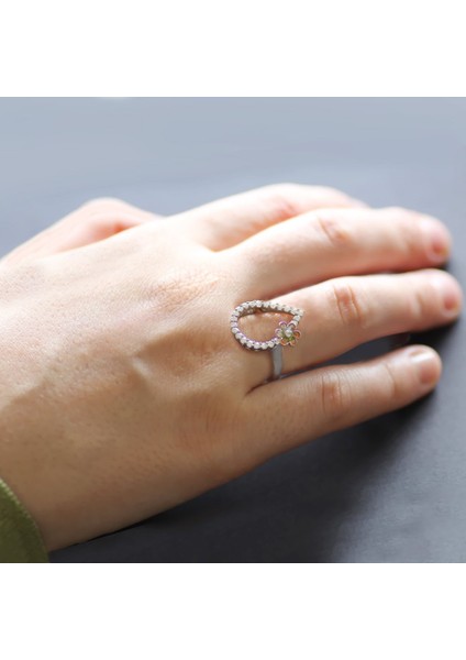 Zirkon Taşlı Damla Model Sarı Mineli Çiçek Tasarım Gold 925 Ayar Gümüş Bayan Yüzük