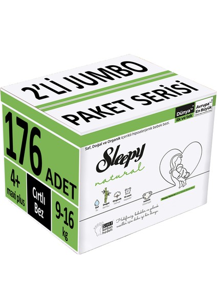 Bebek Bezi Natural Beden:4+ 9-16 kg Maxi Plus 176'lı