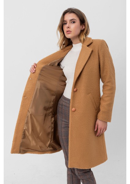 Kadın Astarlı Düğmeli Buklet Uzun Kaban (100 Cm) 2120