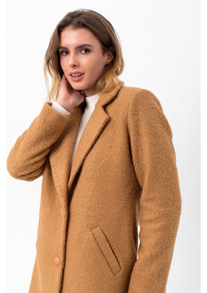Kadın Astarlı Düğmeli Buklet Uzun Kaban (100 Cm) 2120