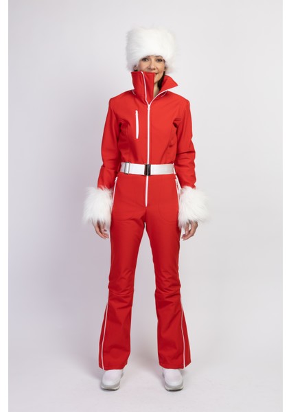 Sd Beyaz Kalpak Detaylı Kırmızı Kayak Tulumu