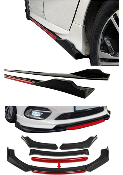Fiat / Tofaş Tempra Kırmızı Şeritli Yan Marşpiyel Eki Ve 4 Parça Ön Ek Piano Black Set