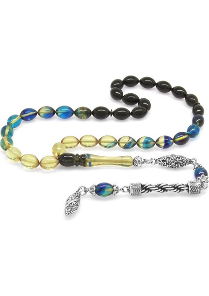 Kararmaz Metal Halat Püsküllü Arpa Kesim Süzme Mavi-Beyaz Ateş Kehribar Tesbih