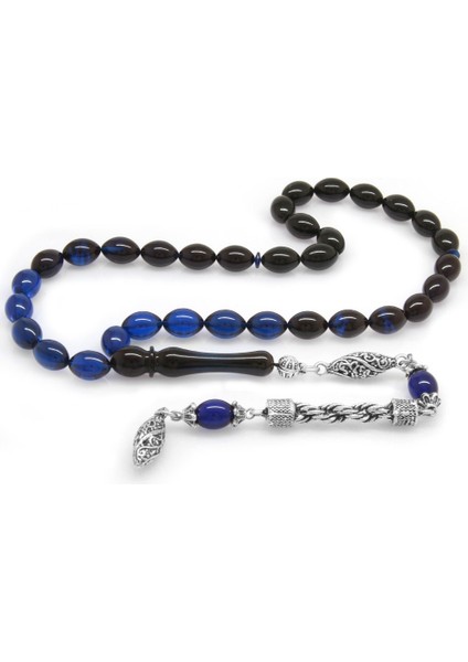 Kararmaz Metal Halat Püsküllü Arpa Kesim Süzme Mavi-Siyah Sıkma Kehribar Tesbih
