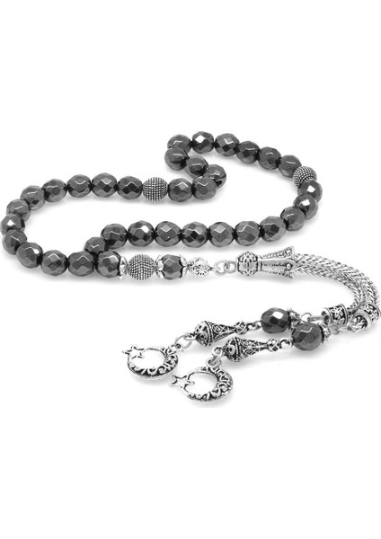 Kararmaz Metal Püsküllü Küre Kesim Faset Hematit Doğaltaş Tesbih