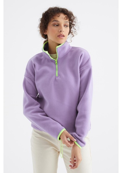 Açık Eflatun Yarım Fermuar Etek Ucu Büzgülü Dik Yaka Oversize Kadın Polar Sweatshirt - 97234