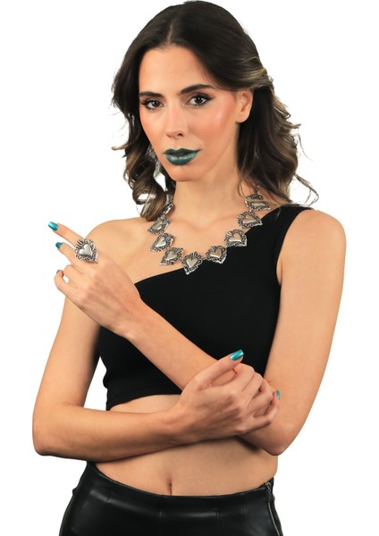 Kadın Antik Gümüş Kaplama Kalp Formlu Kolye & Yüzük Set