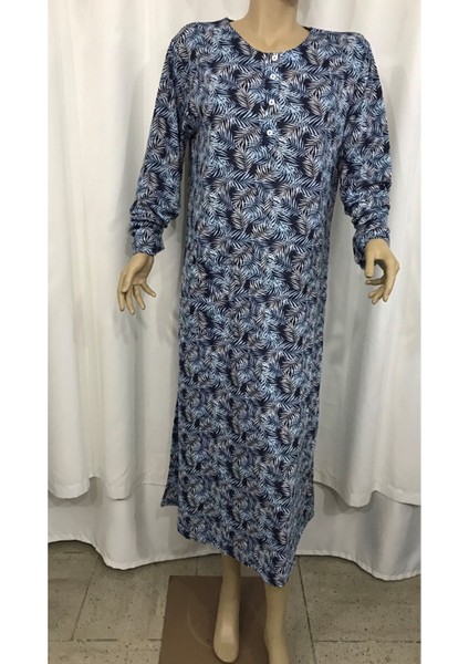 1521-NENA Bayan 4 Mevsim Ince Uzunkol Patlı Ev Elbisesi-Lacivert