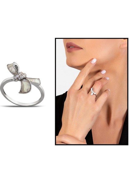 Sedef Taşlı Kurdela Tasarım 925 Ayar Gümüş Kadın Yüzük