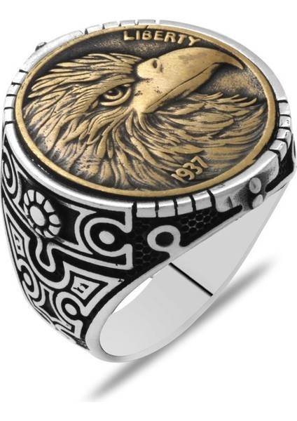 Oval Tasarım Özgürlük Kartalı Temalı 925 Ayar Gümüş Erkek Yüzük modelleri