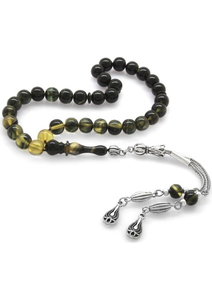 Kararmaz Metal Püsküllü Küre Kesim Bilek Boy Süzme Beyaz-Siyah Ateş Kehribar Tesbih