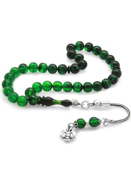 925 Ayar Gümüş Püsküllü Küre Kesim Bilek Boy Süzme Yeşil-Siyah Ateş Kehribar Tesbih
