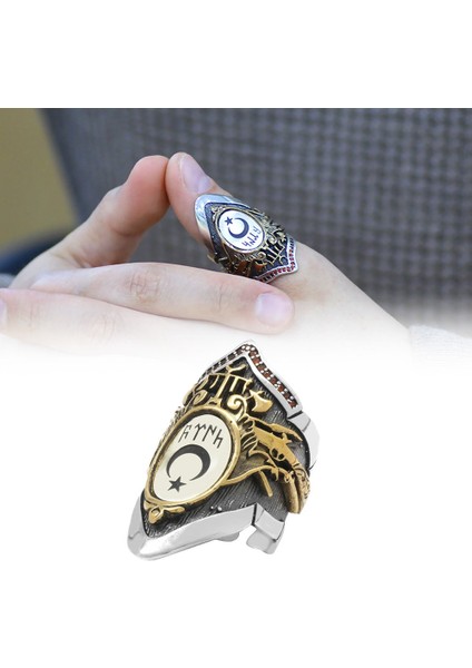 Arma Tasarım Türk Yazılı ve Ayyıldız Temalı 925 Ayar Gümüş Okçu (Zihgir) Yüzüğü