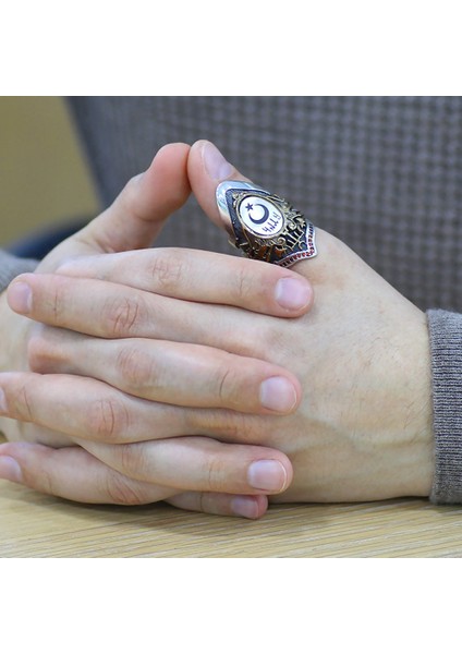 Arma Tasarım Türk Yazılı ve Ayyıldız Temalı 925 Ayar Gümüş Okçu (Zihgir) Yüzüğü fiyatları