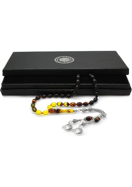 Kararmaz Metal Ayyıldız Püsküllü Arpa Kesim Süzme Bala-Siyah Ateş Kehribar Tesbih