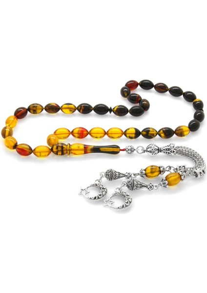 Kararmaz Metal Ayyıldız Püsküllü Arpa Kesim Süzme Bala-Siyah Ateş Kehribar Tesbih modelleri