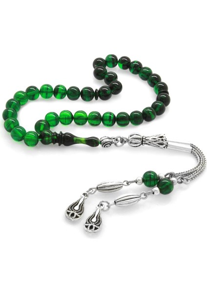 Kararmaz Metal Püsküllü Küre Kesim Bilek Boy Süzme Yeşil-Siyah Ateş Kehribar Tesbih